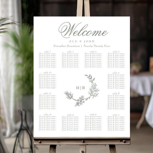 Classic Sage Green Monogram Wreath Floral Wedding Poster (Creator Uploaded)