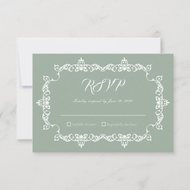 Classic Sage Green Ornately Framed Wedding RSVP Card (Front)