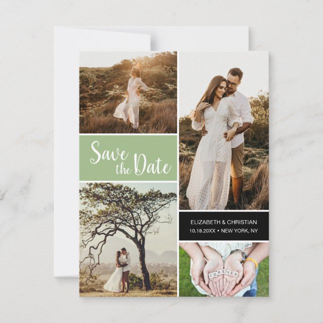 Classic Sage Green Photo Collage Save the date Announcement (Front)