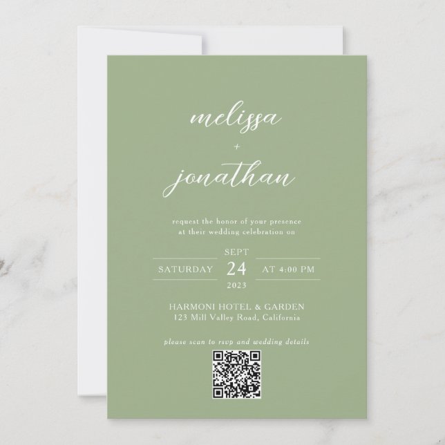 Classic Sage Green Photo Monogram QR Code Wedding Invitation (Front)