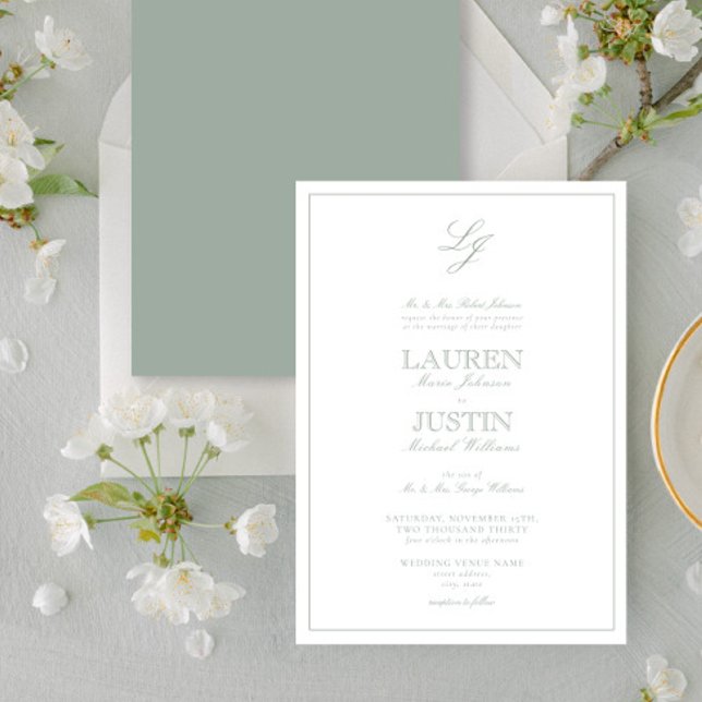 Classic Sage Green Script Monogram Wedding Invitation (Creator Uploaded)