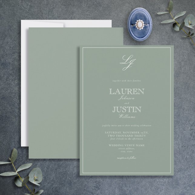 Classic Sage Green Script Monogram Wedding Invitation (Creator Uploaded)