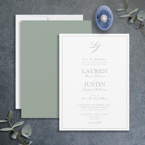 Classic Sage Green Script Monogram Wedding Invitation