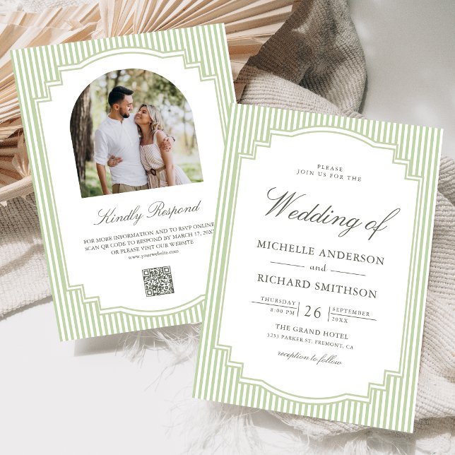 Classic Sage Green Striped Photo QR Code Wedding Invitation (Creator Uploaded)