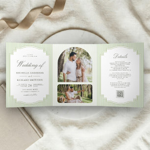 Classic Sage Green Striped Photo QR Code Wedding Tri-Fold Invitation