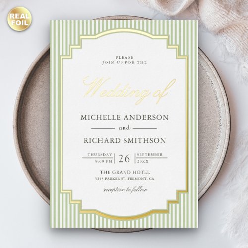 Classic Sage Green Striped Photo Wedding Gold Foil Invitation