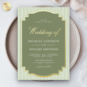 Classic Sage Green Striped Photo Wedding Gold Foil Invitation