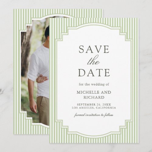 Classic Sage Green Striped Photo Wedding Save The Date