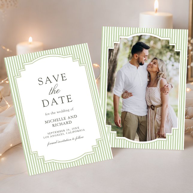 Classic Sage Green Striped Photo Wedding Save The Date (Creator Uploaded)