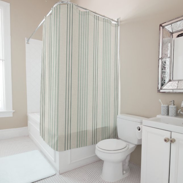 Classic Sage Green Ticking Stripe Pattern Shower Curtain (In Situ)