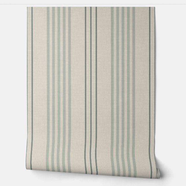 Classic Sage Green Ticking Stripe Pattern Wallpaper (Unrolling)
