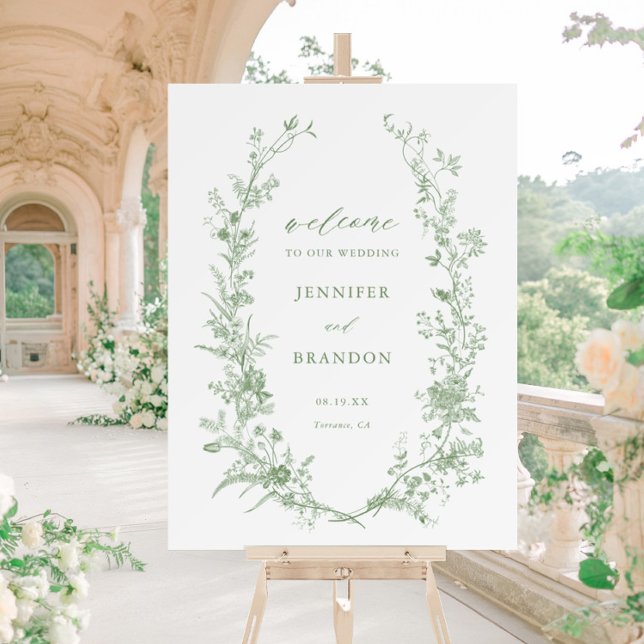 Classic Sage Green Toile Floral Wedding Welcome Foam Board (Creator Uploaded)