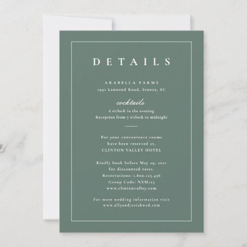 Classic Sage Green Wedding Details Insert Card