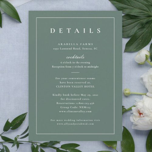 Classic Sage Green Wedding Details Insert Card