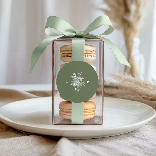 Classic Sage Green Wedding Monogram Round Sticker (Creator Uploaded)
