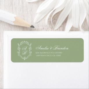Classic Sage Green & White Monogram Crest Wedding Label