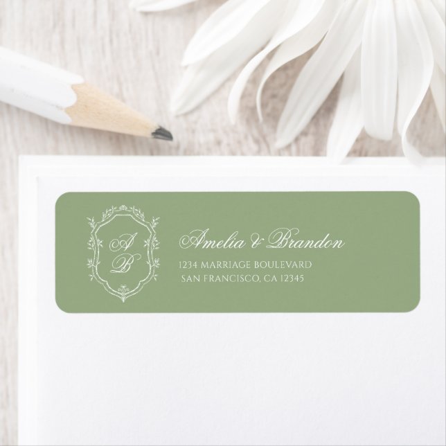 Classic Sage Green & White Monogram Crest Wedding Label (Insitu)
