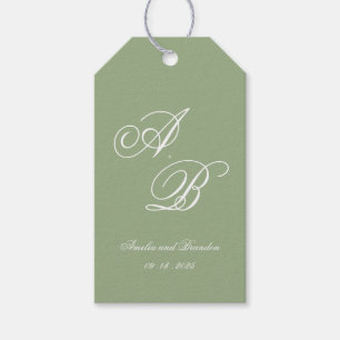 Classic Sage Green & White Monogram Script Wedding Gift Tags