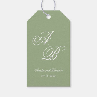 Classic Sage Green & White Monogram Script Wedding Gift Tags