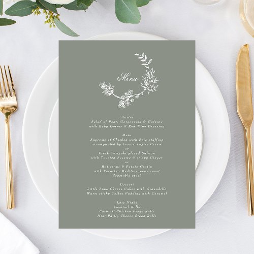 Classic Sage Green Wreath Floral Monogram Wedding Menu