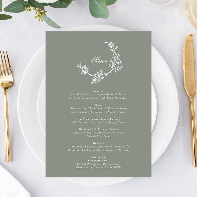 Classic Sage Green Wreath Floral Monogram Wedding Menu (Creator Uploaded)