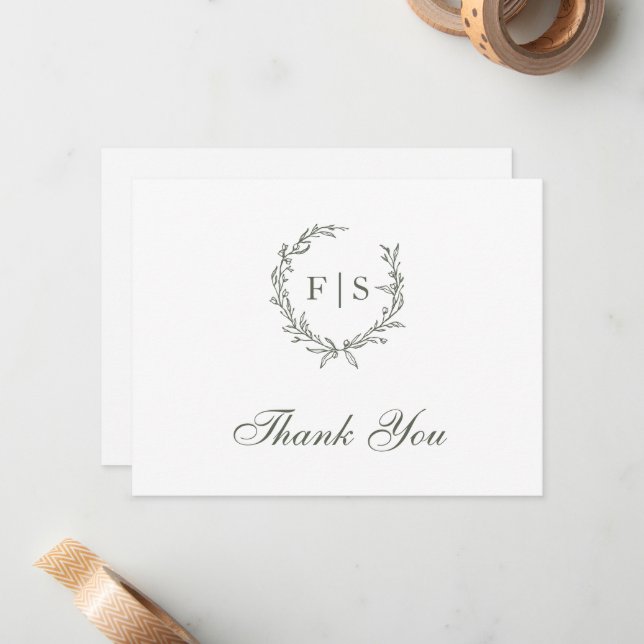 Classic Sage Green Wreath Monogram Thank You Card (Front/Back In Situ)
