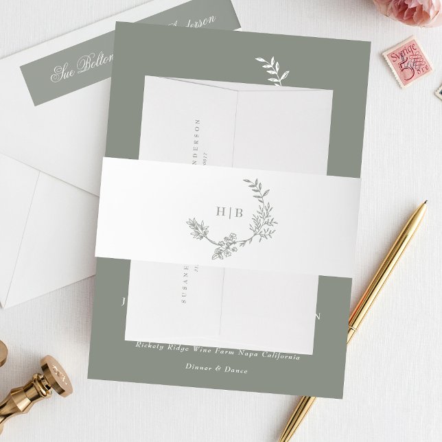 Classic Sage Green Wreath Monogram Wedding Invitation Belly Band (Creator Uploaded)