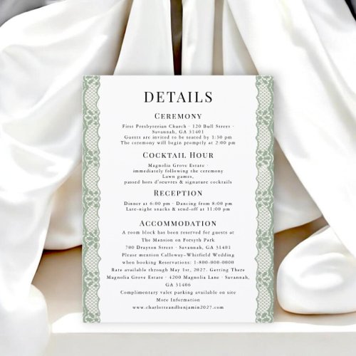 Classic Sage Lace Wedding Info Card