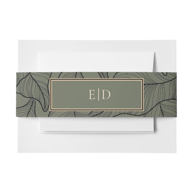 Classic Sage Monogram Elegant Leaves Pattern Invitation Belly Band (Front Example)