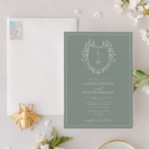 Classic Sage Wildflower Monogram Crest Wedding Invitation