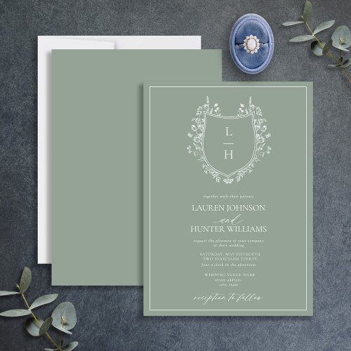 Classic Sage Wildflower Monogram Crest Wedding Invitation