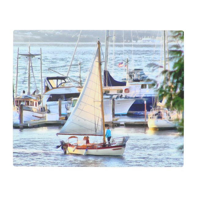 Classic Sailboat Sailing into Port Hadlock Marina Metal Print (Front)