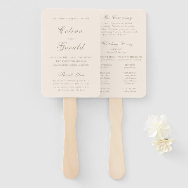 Classic Sandy Neutral Elegant Wedding Program Hand Fan (Front and Back)