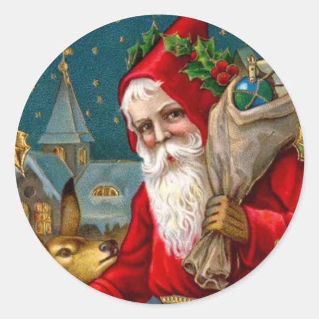 Classic Santa and Deer Christmas Classic Round Sticker (Front)
