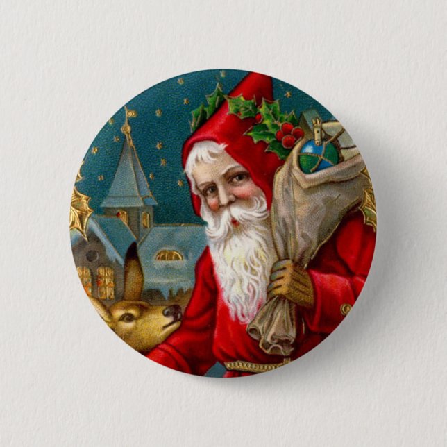 Classic Santa and Deer Christmas Pinback Button (Front)