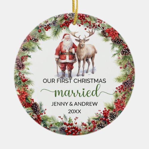 Classic Santa and reindeer Our First Christmas Ceramic Ornament