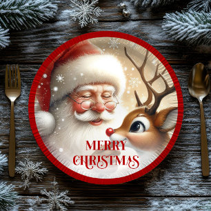 Classic Santa and Rudolph Cartoon Holiday Paper Paper Plates