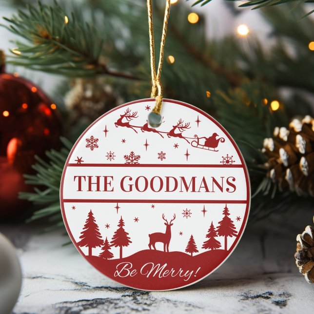 Classic Santa and Sleigh Personalized Christmas Ceramic Ornament (Classic Santa and Sleigh Personalized Christmas Ceramic Ornament -Just add your name or special text)