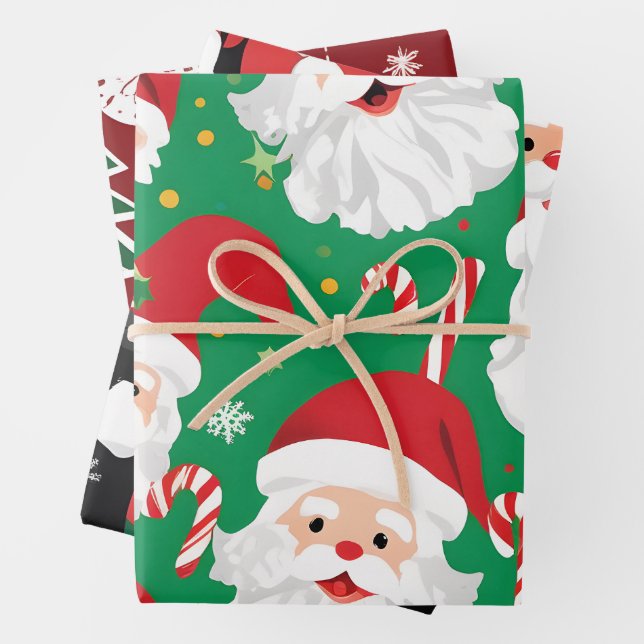Classic Santa Candy Cane Red Green  Christmas Gift Wrapping Paper Sheets (In situ)