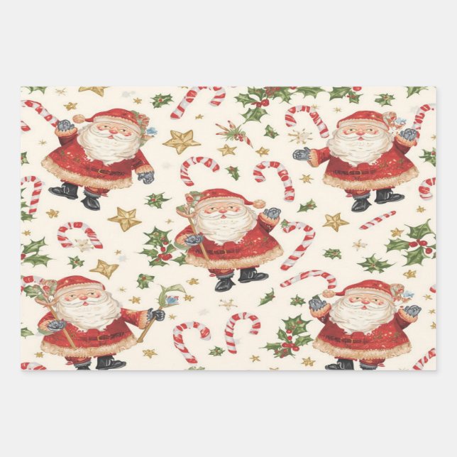 Classic Santa Candy Canes Christmas Patter Wrapping Paper Sheets (Front)