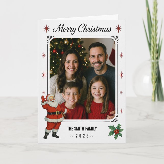 Classic Santa Christmas Greeting with Custom Photo Card (Front)