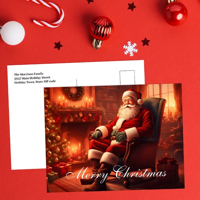 Classic Santa Christmas with Cozy Fireplace Scene Holiday Postcard (Creator Uploaded)
