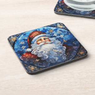Classic Santa Claus Blue Stained Glass Beverage Coaster