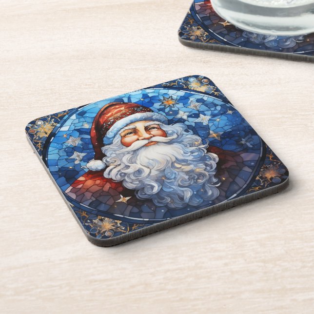 Classic Santa Claus Blue Stained Glass Beverage Coaster (Left Side)