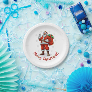 Classic Santa Claus bringing Christmas presents Paper Plates