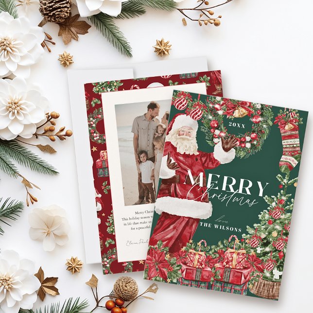 Classic Santa Claus Christmas Tree Green Photo Holiday Card (Creator Uploaded)