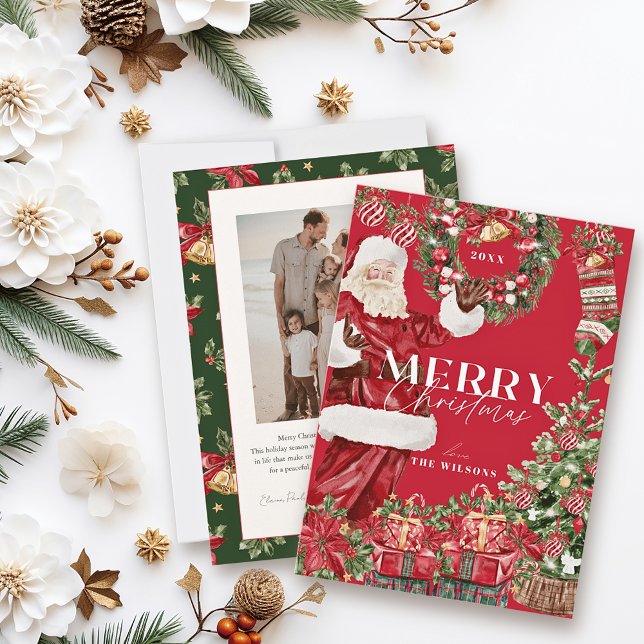 Classic Santa Claus Christmas Tree Photo Holiday Card (Creator Uploaded)