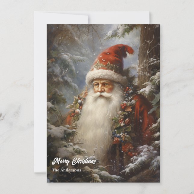 Classic Santa Claus in snowy forest holly berry Holiday Card (Front)