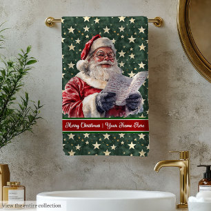 Classic Santa Claus Reading Letter Red Green Towel