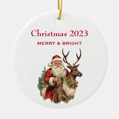 Classic Santa Claus Riding a Reindeer Christmas Ceramic Ornament